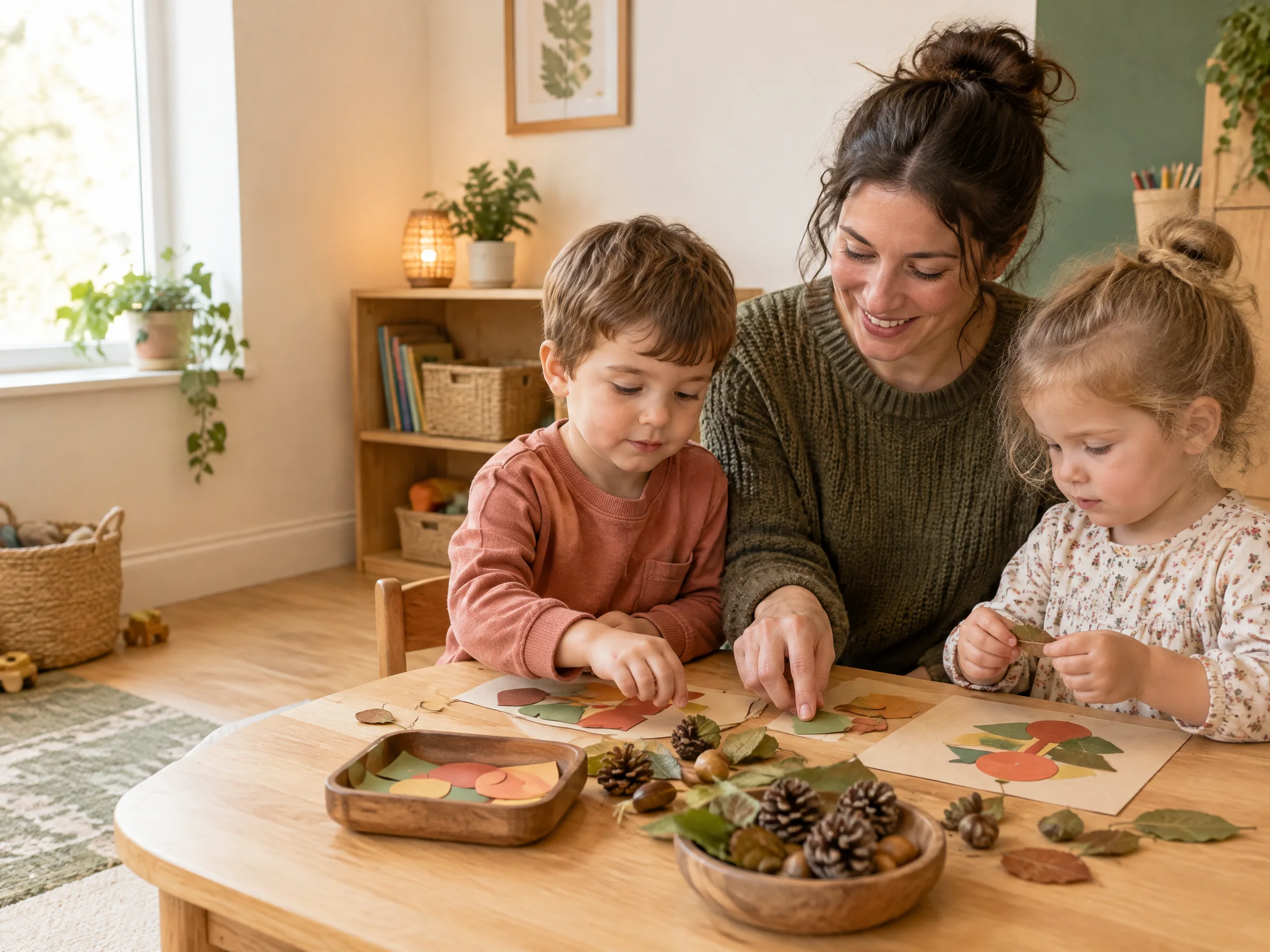 A childminder supporting two young children with a nature-collage activity at a table